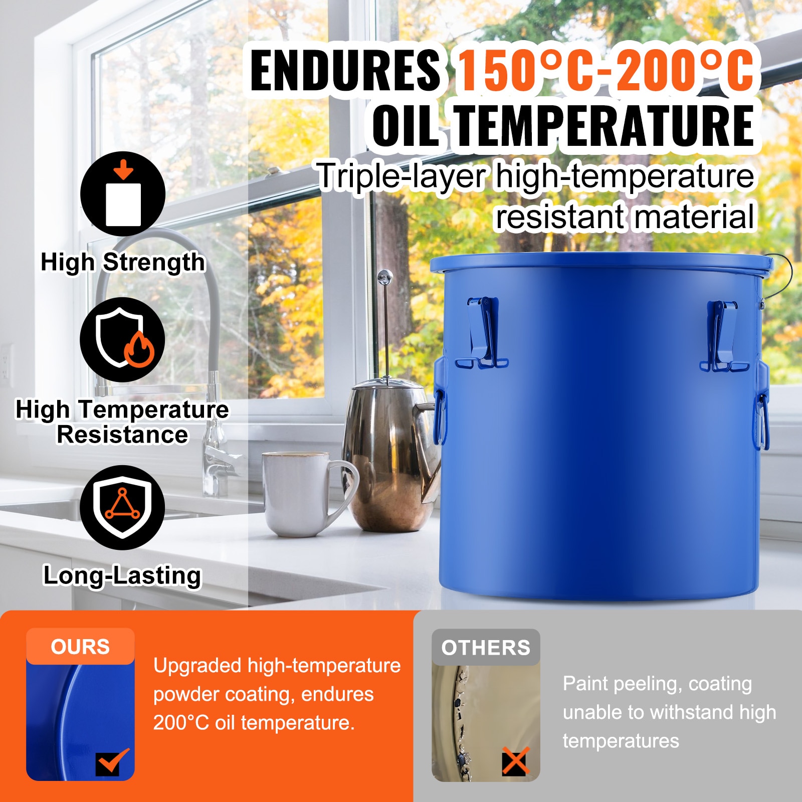 Fryer Grease Bucket, 10 Gal Oil Disposal Caddy Carbon Steel Fryer Oil Bucket With Rust-Proof Coating, Oil Transport Container With Lid, Lock Clips, Filter Bag For Hot Cooking Oil Filtering, Blue_maomaolike.com